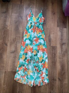 Floral High-Low Maxi Dress with Ruffle Hem - Orange & Yellow Tropical Print